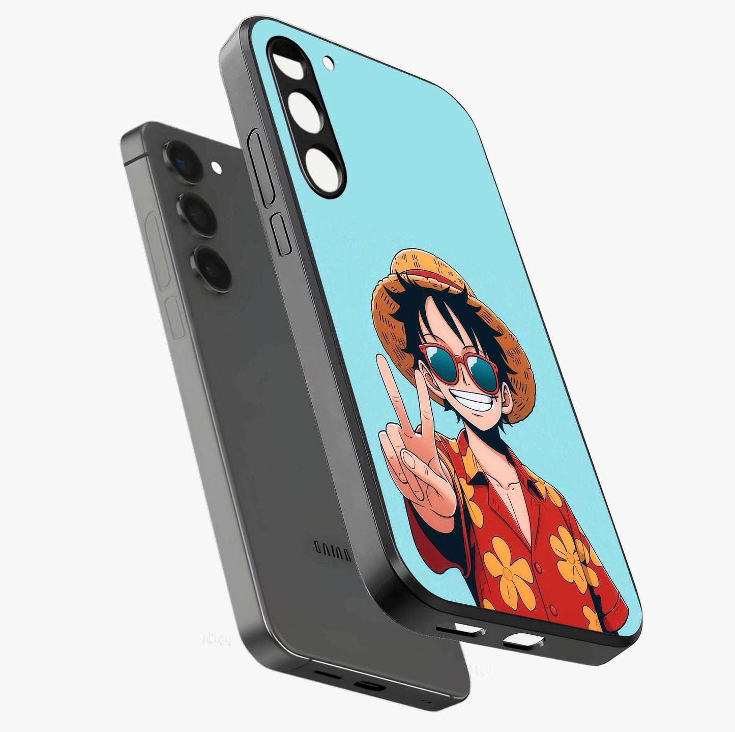 Luffy Summer Anime Vibe Glass Case displayed in angled mockup highlighting energetic anime illustration with summer vibe aesthetic.