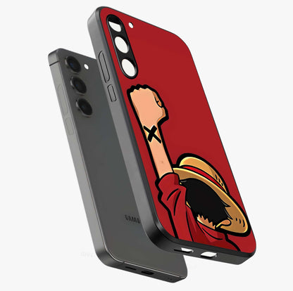 Luffy X Spirit Glass Case displayed in angled mockup highlighting powerful anime design with energetic action aesthetic.