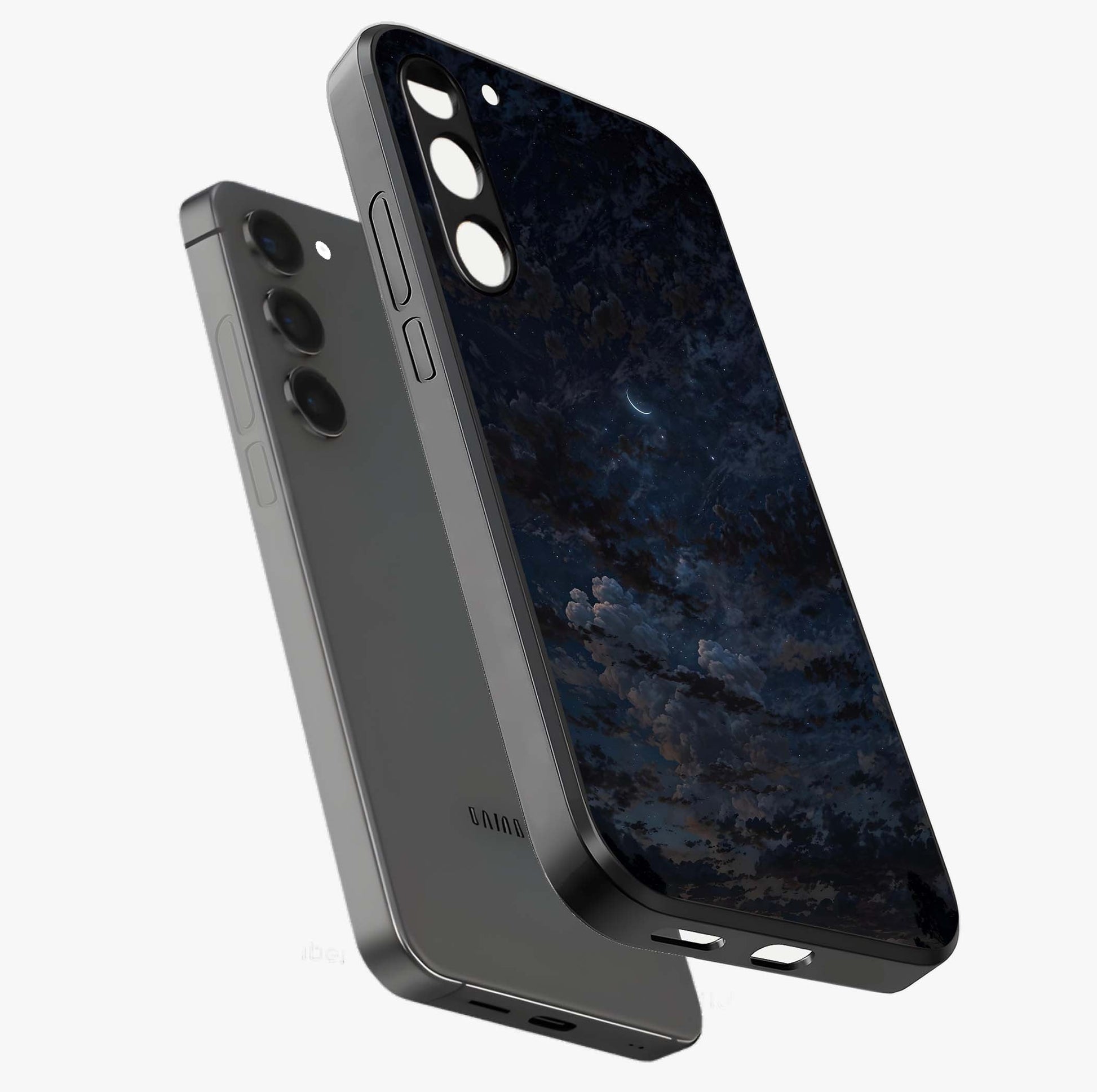 Lunar Veil Silence Glass Case displayed in angled mockup highlighting soft lunar design with peaceful celestial aesthetic.