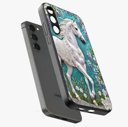 Majestic Floral Stallion Glass Case displayed in angled mockup highlighting majestic stallion illustration with elegant floral aesthetic.