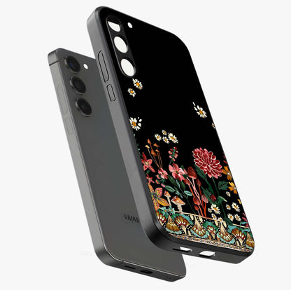 Midnight Bloom Pattern Glass Case displayed in angled mockup highlighting elegant flower design with midnight aesthetic style.