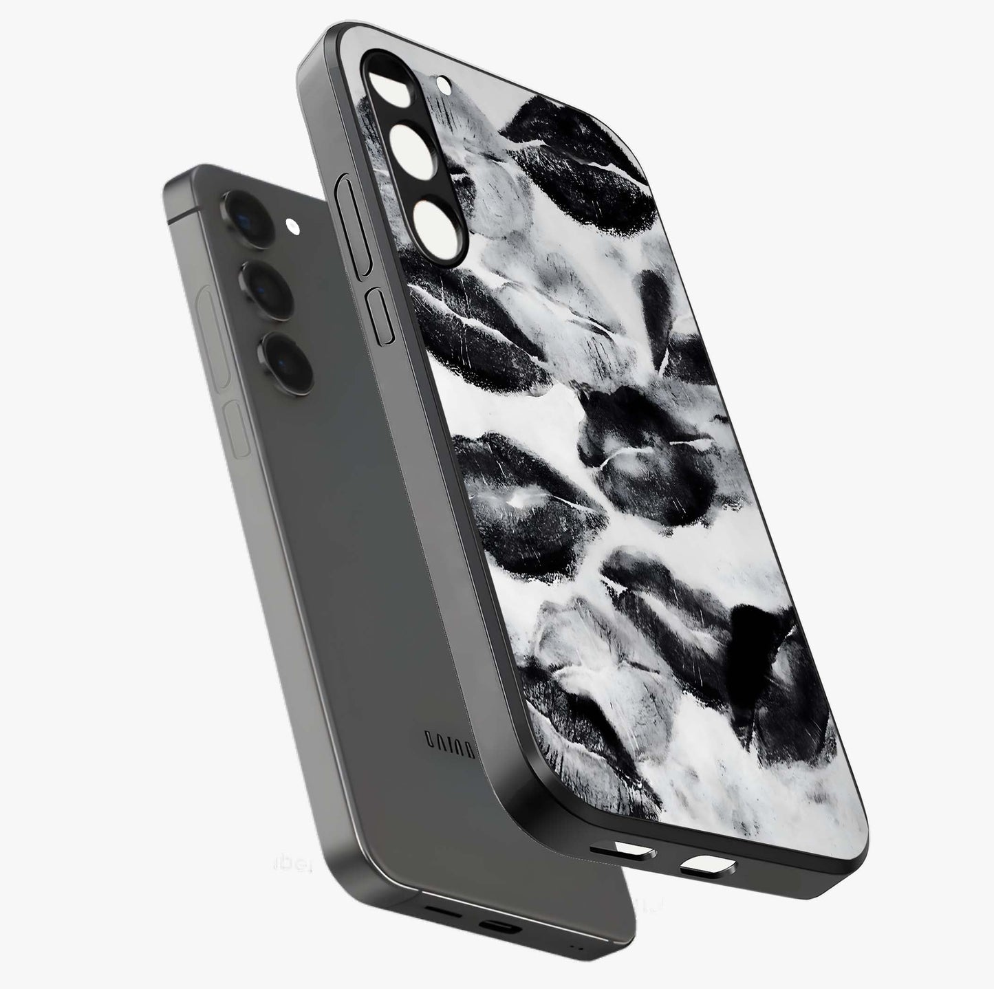 Midnight Kiss Marks Glass Case displayed in angled mockup highlighting playful romantic design with bold midnight aesthetic.