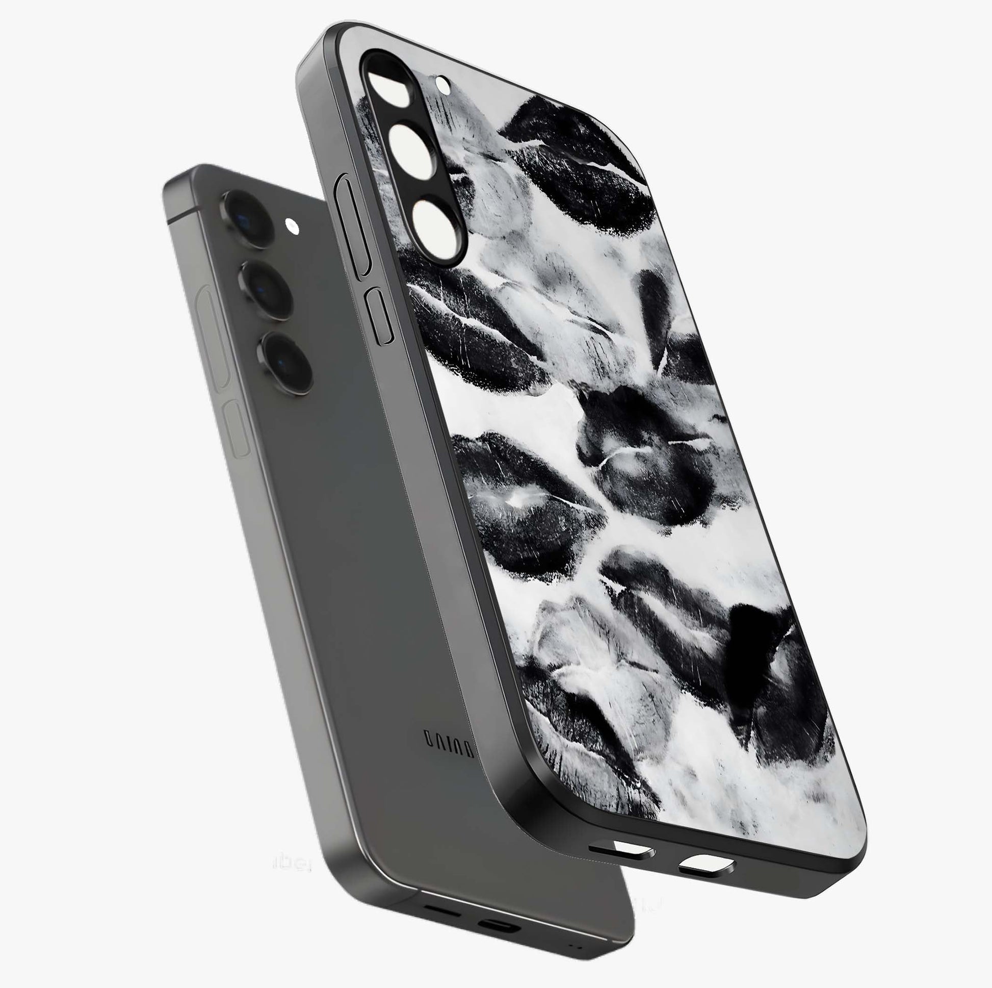 Midnight Kiss Marks Glass Case displayed in angled mockup highlighting playful romantic design with bold midnight aesthetic.