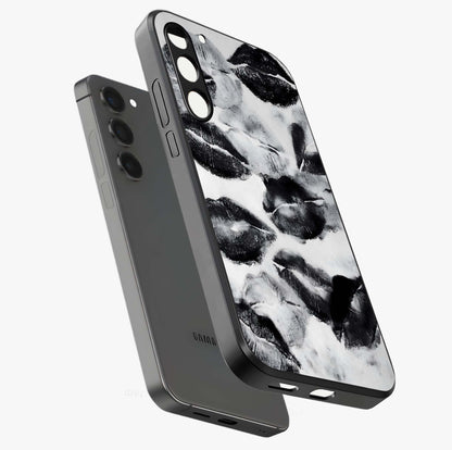 Midnight Kiss Marks Glass Case displayed in angled mockup highlighting playful romantic design with bold midnight aesthetic.