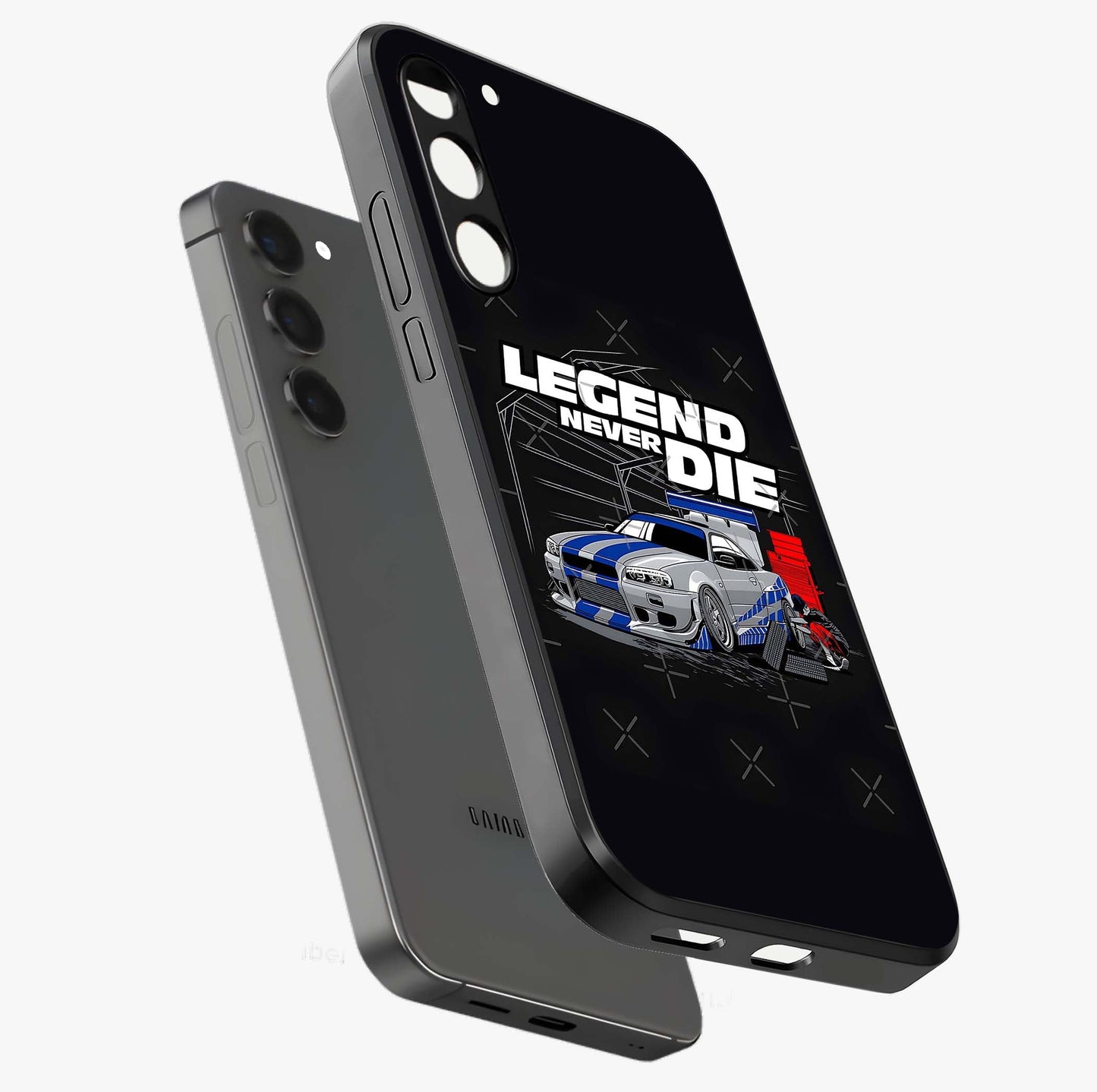 Midnight Racing Legacy Glass Case displayed in angled mockup highlighting dynamic automotive design with bold midnight aesthetic.