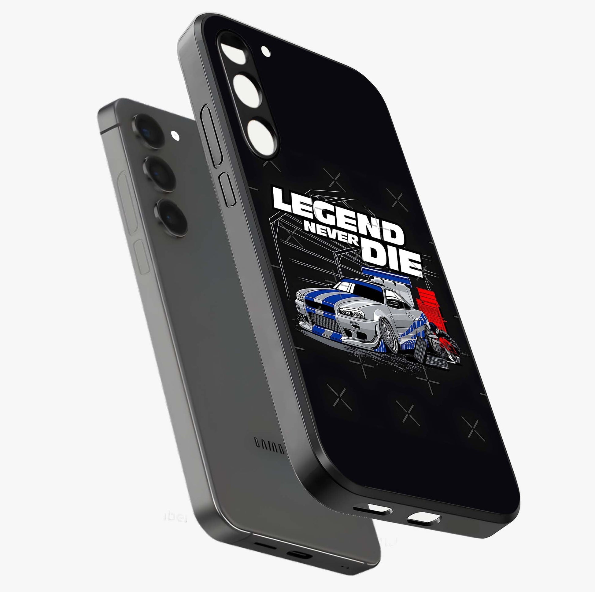 Midnight Racing Legacy Glass Case displayed in angled mockup highlighting dynamic automotive design with bold midnight aesthetic.