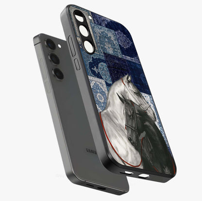 Midnight Stallion Blues Glass Case displayed in angled mockup highlighting powerful stallion illustration with deep midnight tones.