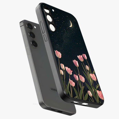 Midnight Tulip Whispers Vibe Glass Case displayed in angled mockup highlighting delicate tulip design with midnight floral aesthetic.
