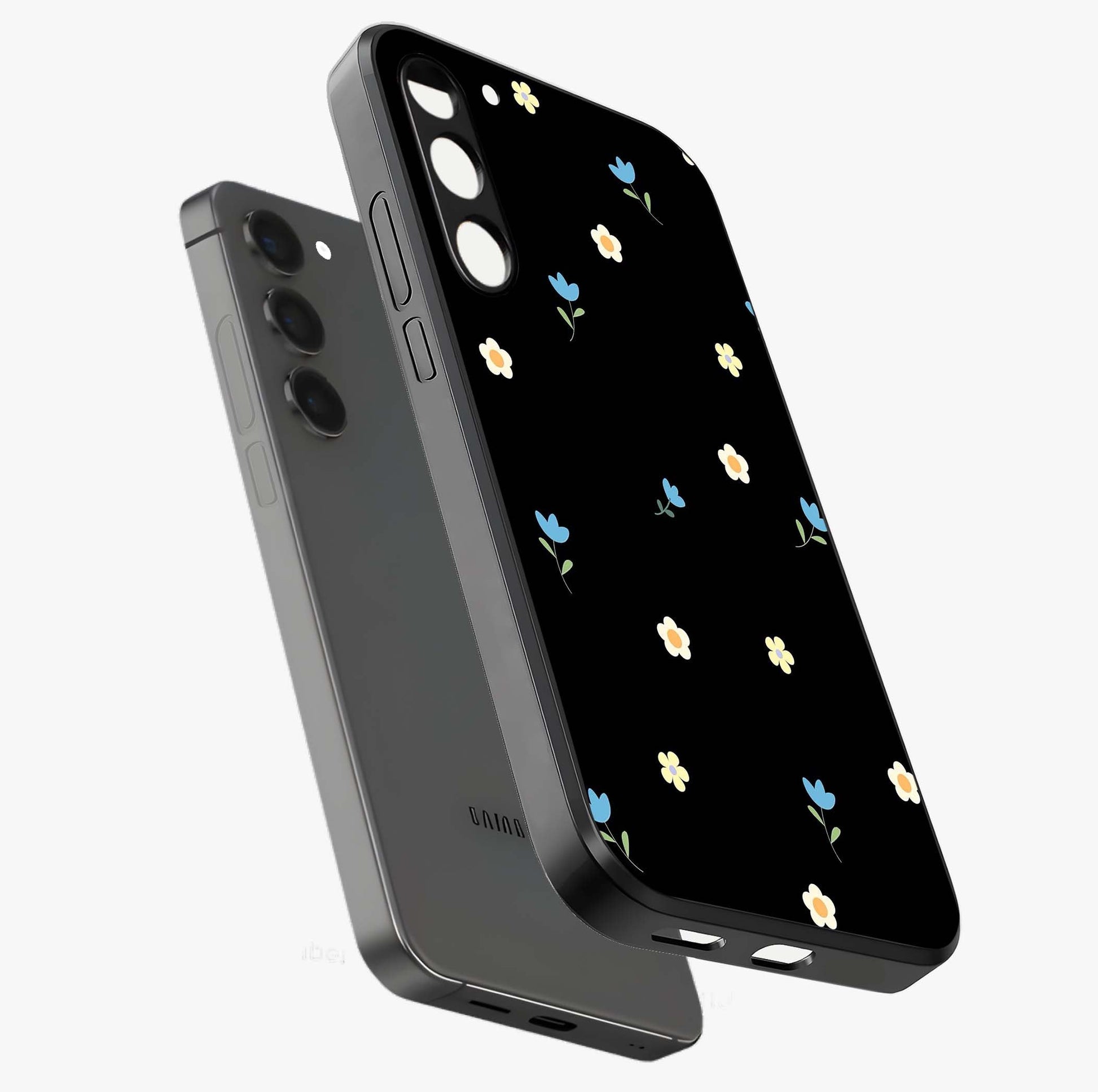 Minimal Petal Whispers Glass Case displayed in angled mockup highlighting delicate petal design with clean minimal aesthetic.