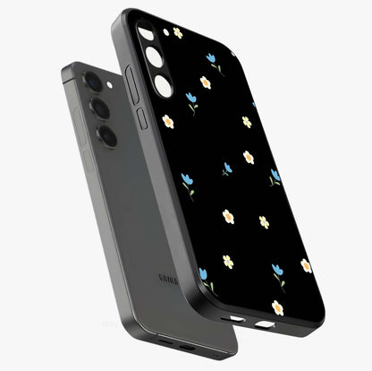 Minimal Petal Whispers Glass Case displayed in angled mockup highlighting delicate petal design with clean minimal aesthetic.