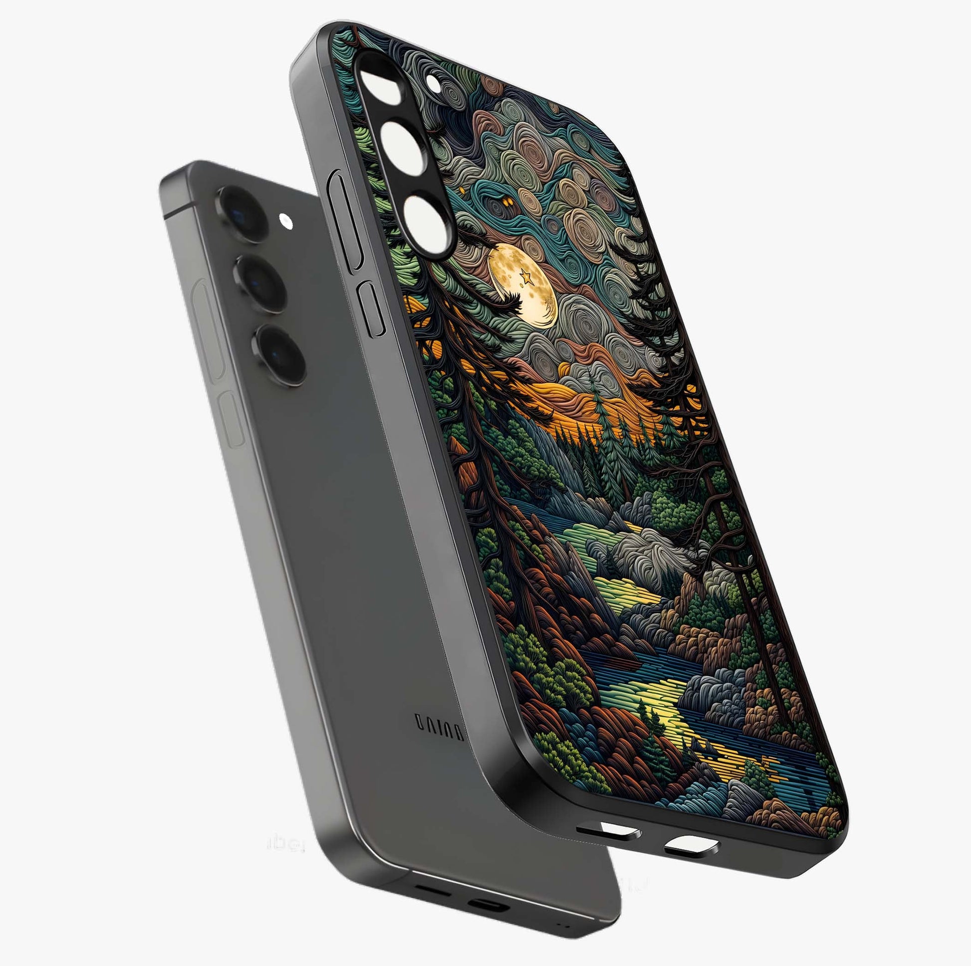 Moonlight Forest Dream Glass Case displayed in angled mockup highlighting dreamy forest design with glowing moon aesthetic.