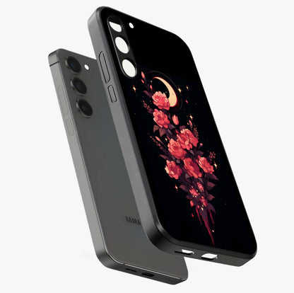Moonlit Floral Elegance Glass Case displayed in angled mockup highlighting graceful flower design with soft moonlight aesthetic.