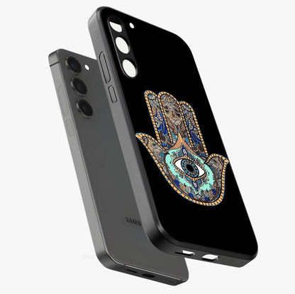 Mystic Hamsa Eye Glass Case displayed in angled mockup highlighting spiritual hamsa symbol with mystical aesthetic style.