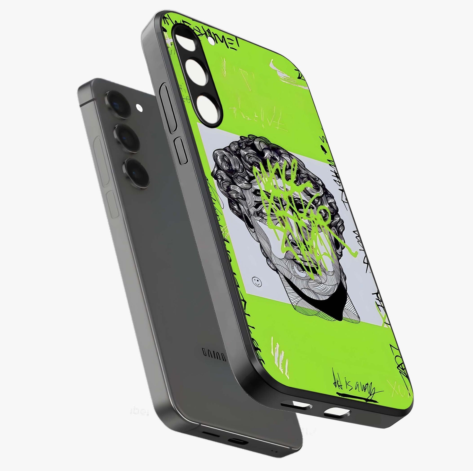 Neo Graffiti Rebellion Glass Case displayed in angled mockup highlighting urban street art design with rebellious aesthetic.