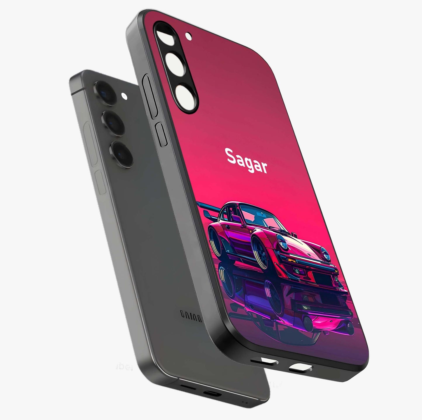 Neon Pink Porsche Glass Case displayed in angled mockup highlighting sleek neon pink car design with racing aesthetic.