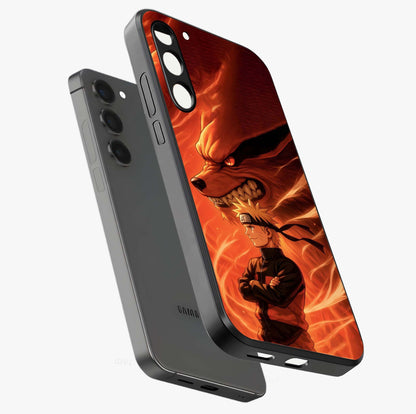 Nine Tails Legacy Glass Case displayed in angled mockup highlighting dynamic anime beast illustration with bold mystical aesthetic.