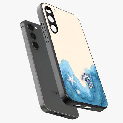 Ocean Drift Turtle Glass Case displayed in angled mockup highlighting peaceful ocean turtle illustration with marine aesthetic.