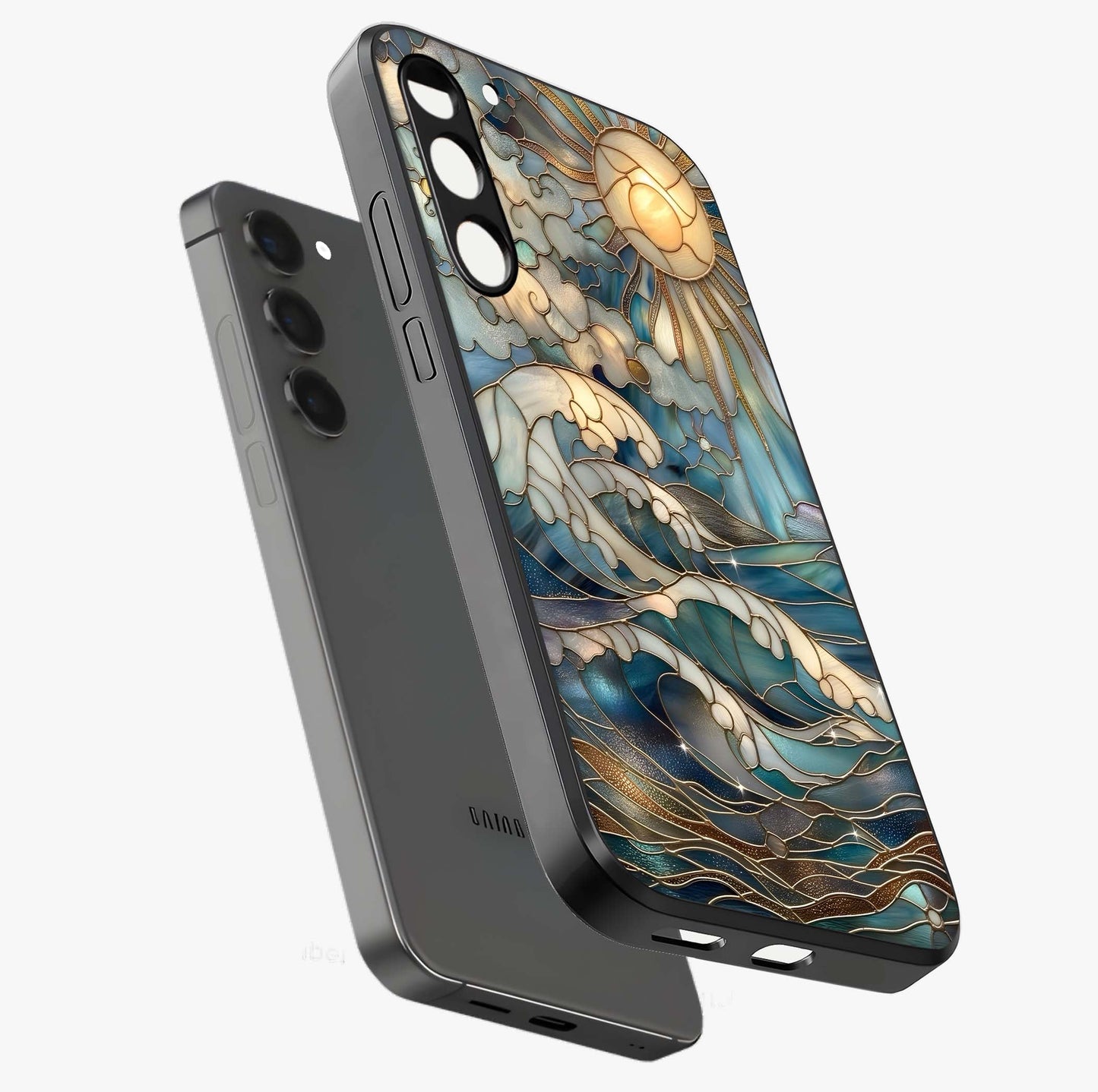 Oceanic Stained Printed Glass Case displayed in angled mockup highlighting colorful aquatic design with artistic aesthetic style.