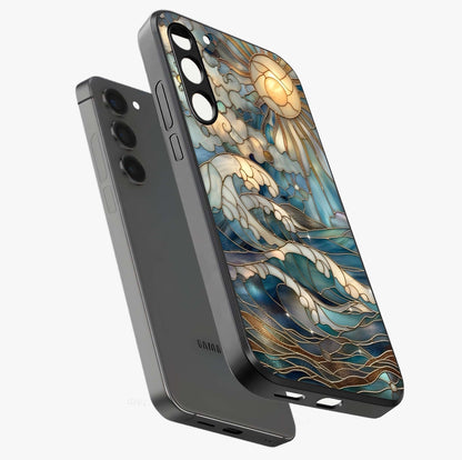 Oceanic Stained Printed Glass Case displayed in angled mockup highlighting colorful aquatic design with artistic aesthetic style.