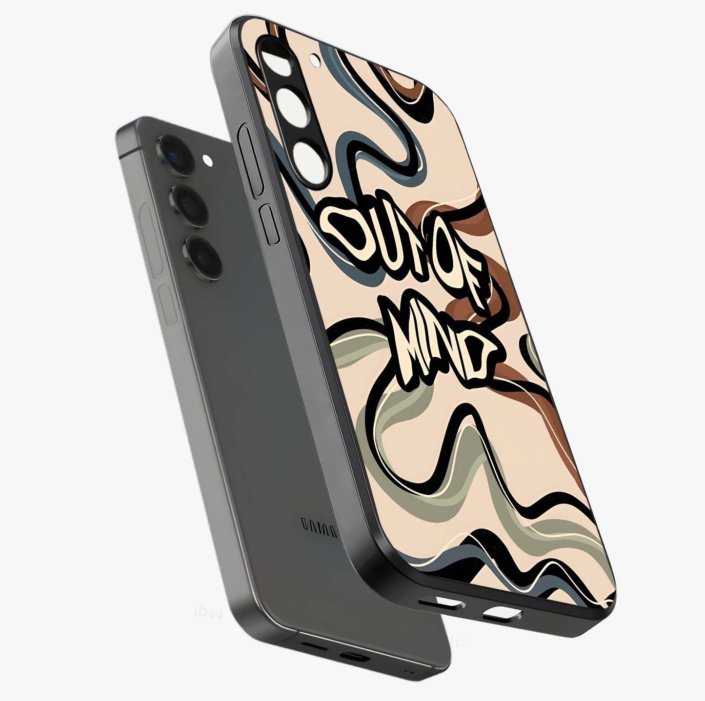 Out Of Mind Glass Case displayed in angled mockup highlighting bold statement design with modern artistic aesthetic.