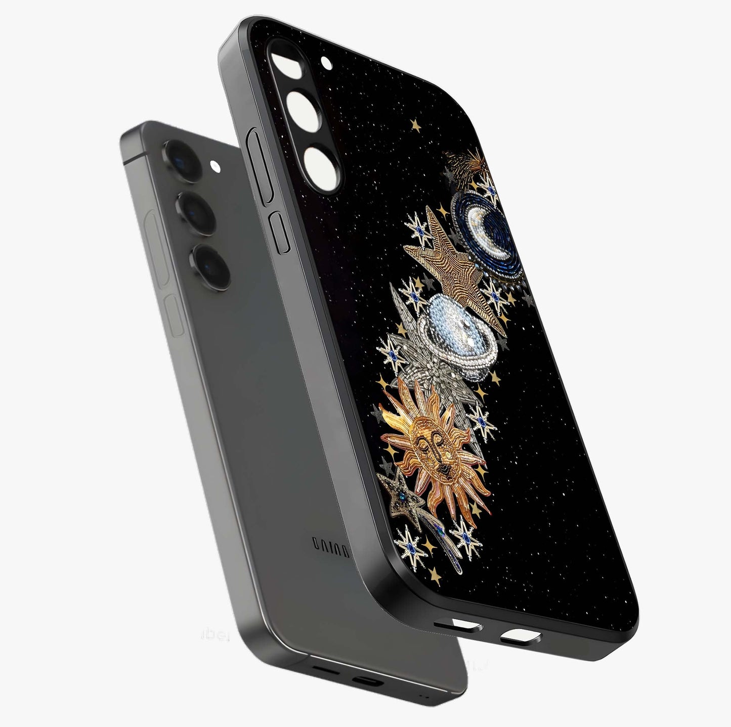 Pearls Universe Object Glass Case displayed in angled mockup highlighting celestial pearl design with dreamy aesthetic.