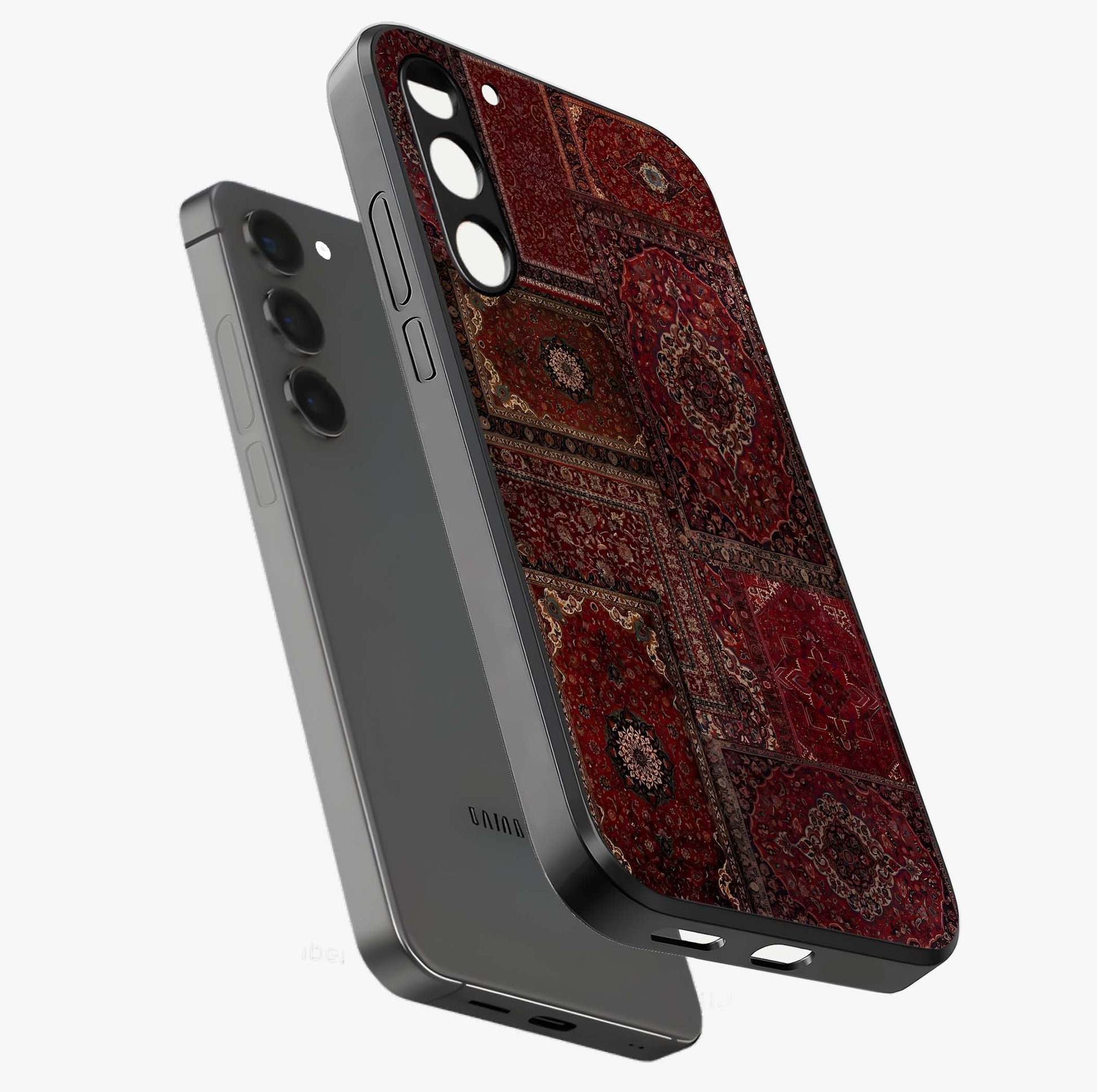 Persian Velvet Tale Glass Case displayed in angled mockup highlighting ornate textile inspired design with royal aesthetic.