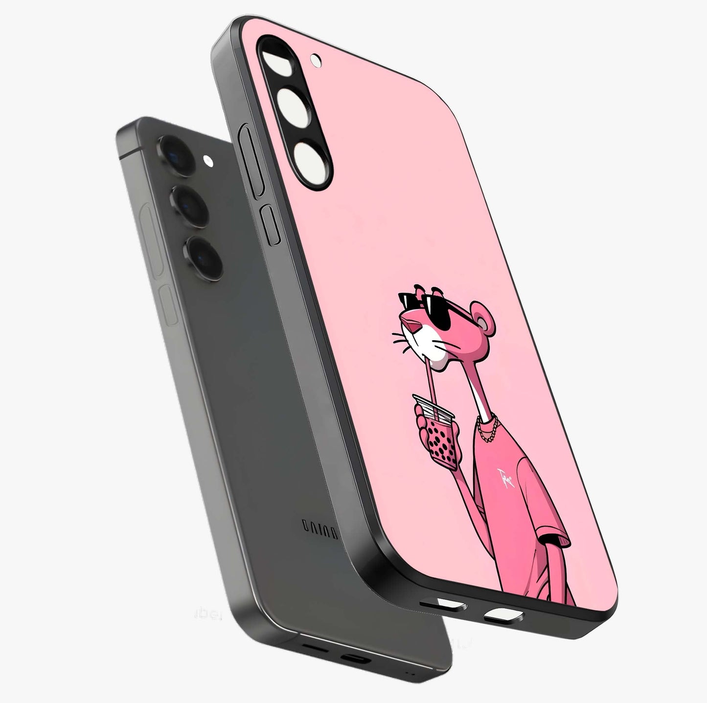 Pink Panther Glass Case displayed in angled mockup highlighting playful cartoon character design with vibrant pink aesthetic.