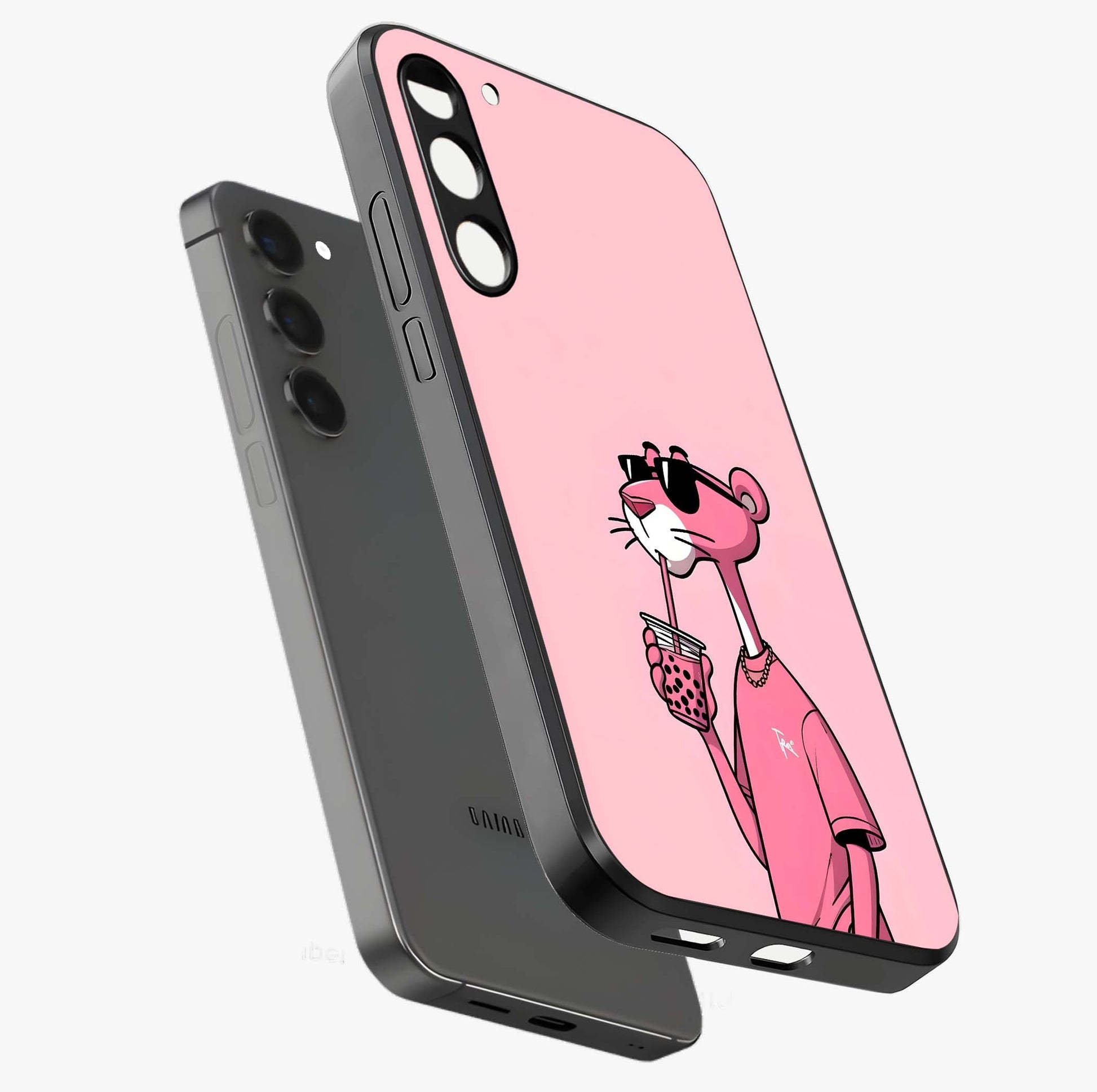 Pink Panther Glass Case displayed in angled mockup highlighting playful cartoon character design with vibrant pink aesthetic.