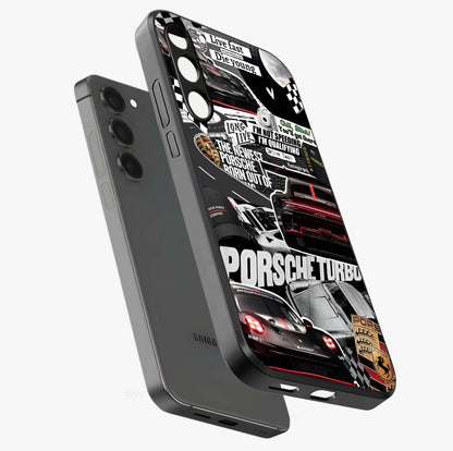 Porsche Racing Collage Glass Case displayed in angled mockup highlighting dynamic automotive design with bold racing aesthetic.