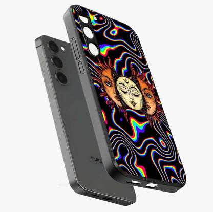 Psychedelic Sun Glass Case displayed in angled mockup highlighting vibrant abstract sun design with artistic aesthetic style.