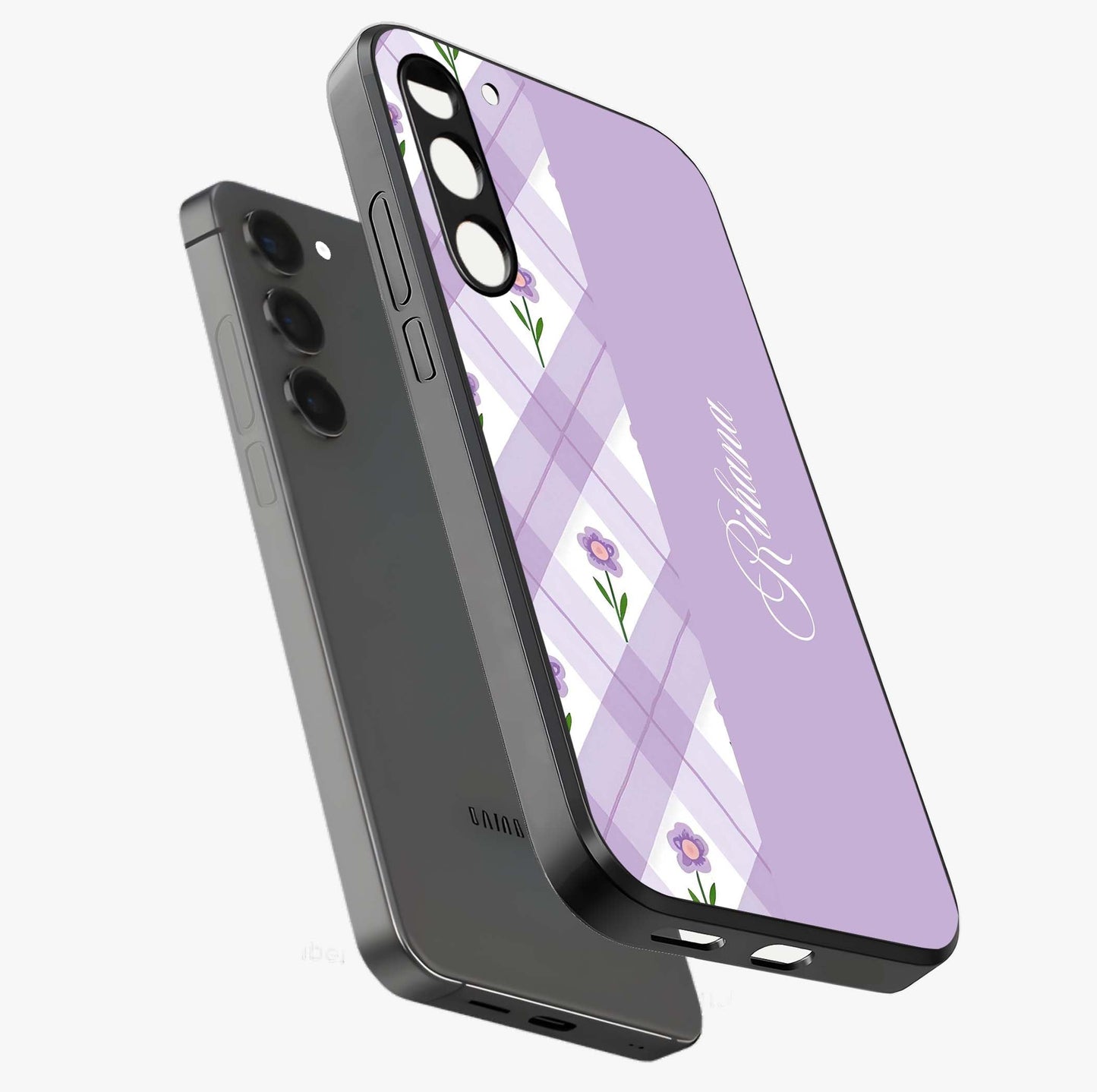 Purple Diamond Floral Glass Case displayed in angled mockup highlighting elegant purple flower design with decorative pattern.