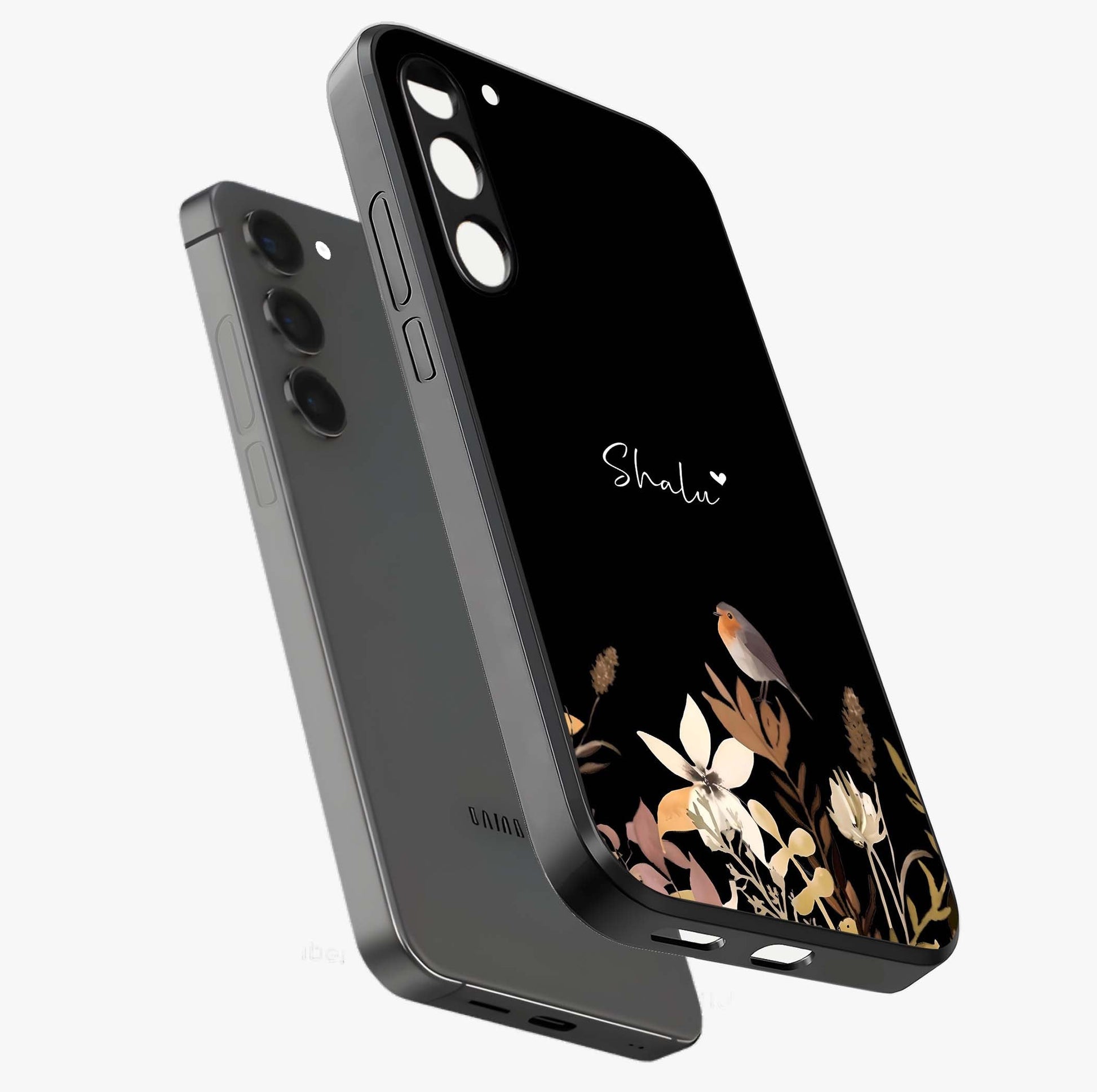 Quiet Garden Tune Custom Name Glass Case displayed in angled mockup highlighting delicate floral garden design with custom name feature.