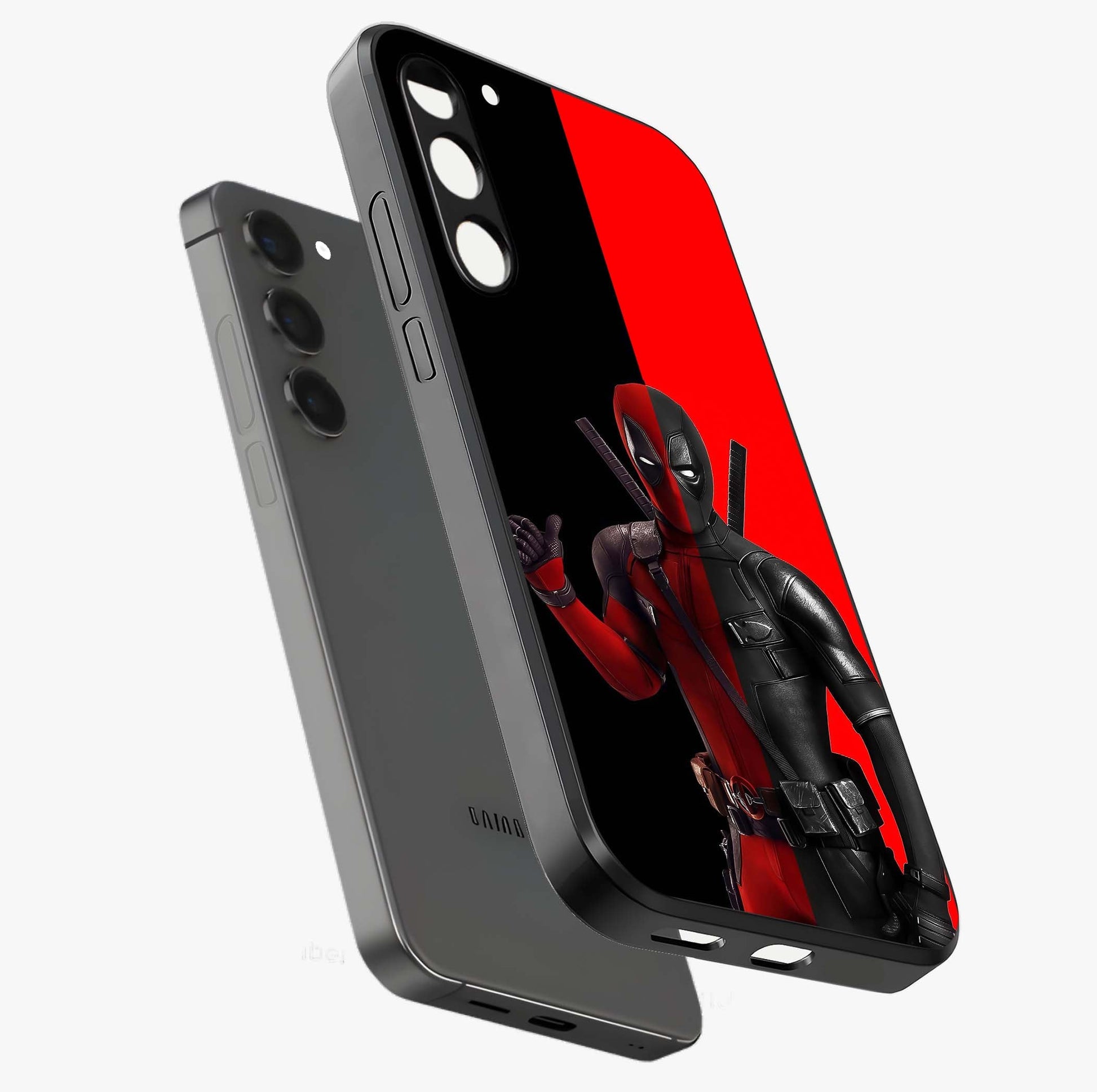 Red & Black Deadpool Theme Glass Case displayed in angled mockup highlighting vibrant superhero style illustration with action aesthetic.