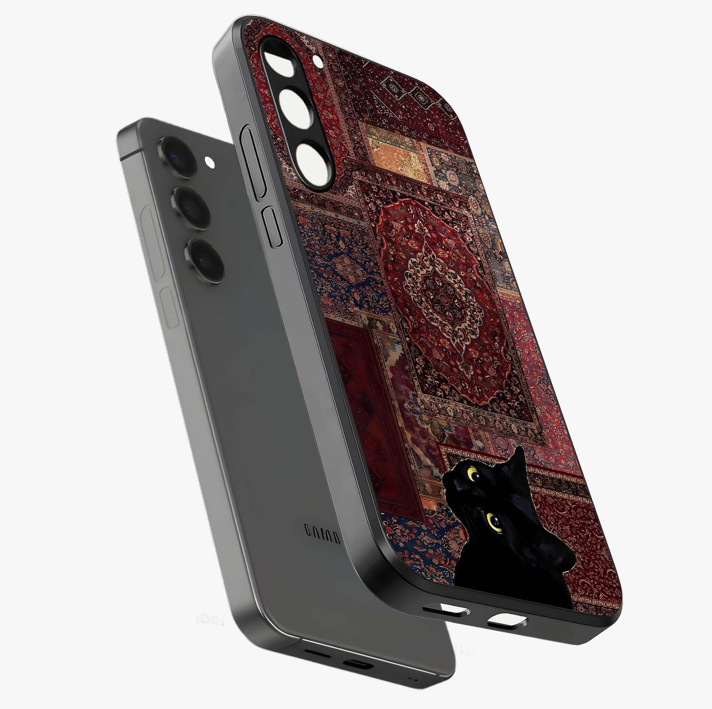 Regal Magic Cat Apple Glass Case displayed in angled mockup highlighting whimsical feline design with fantasy aesthetic.