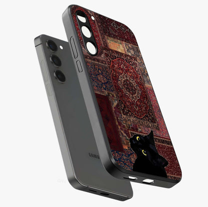 Regal Magic Cat Apple Glass Case displayed in angled mockup highlighting whimsical feline design with fantasy aesthetic.