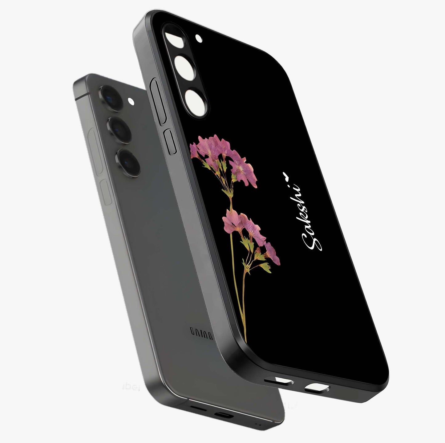 Riching Lavender Flower Custom Name Glass Case displayed in angled mockup highlighting delicate lavender flower design with custom name feature.