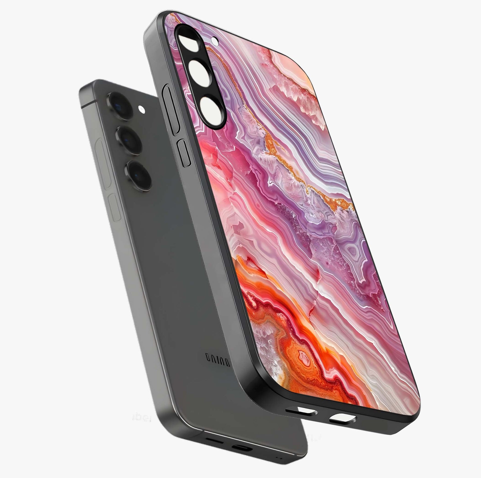 Rose Quartz Marble Glass Case displayed in angled mockup highlighting elegant marble pattern with soft aesthetic style.