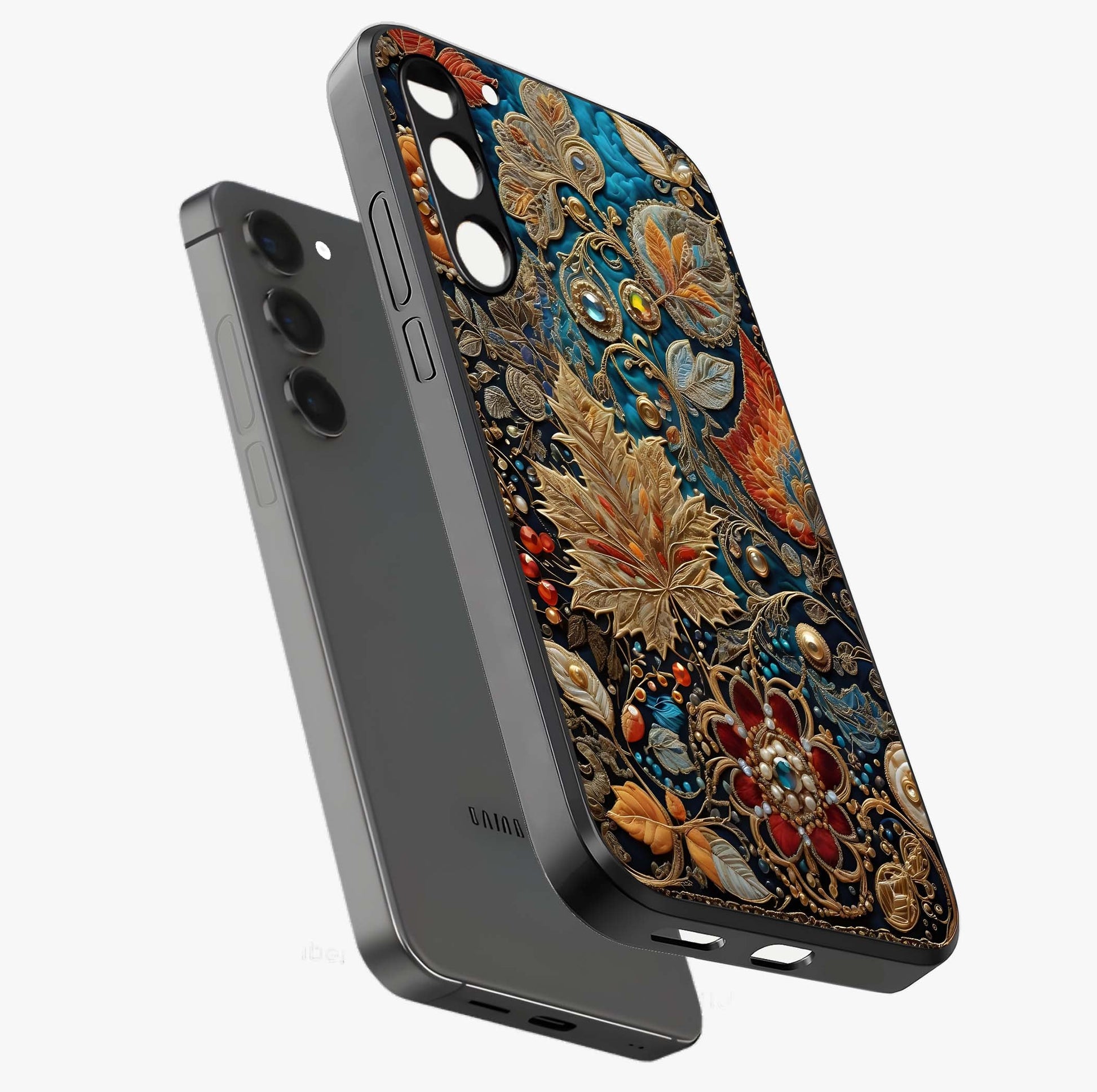 Royal Jewel Garden Glass Case displayed in angled mockup highlighting vibrant jewel inspired floral design with elegant aesthetic.