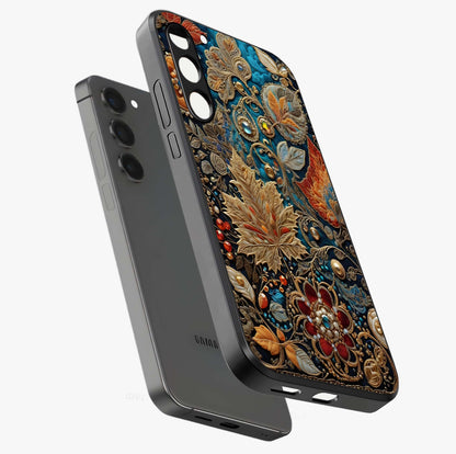 Royal Jewel Garden Glass Case displayed in angled mockup highlighting vibrant jewel inspired floral design with elegant aesthetic.