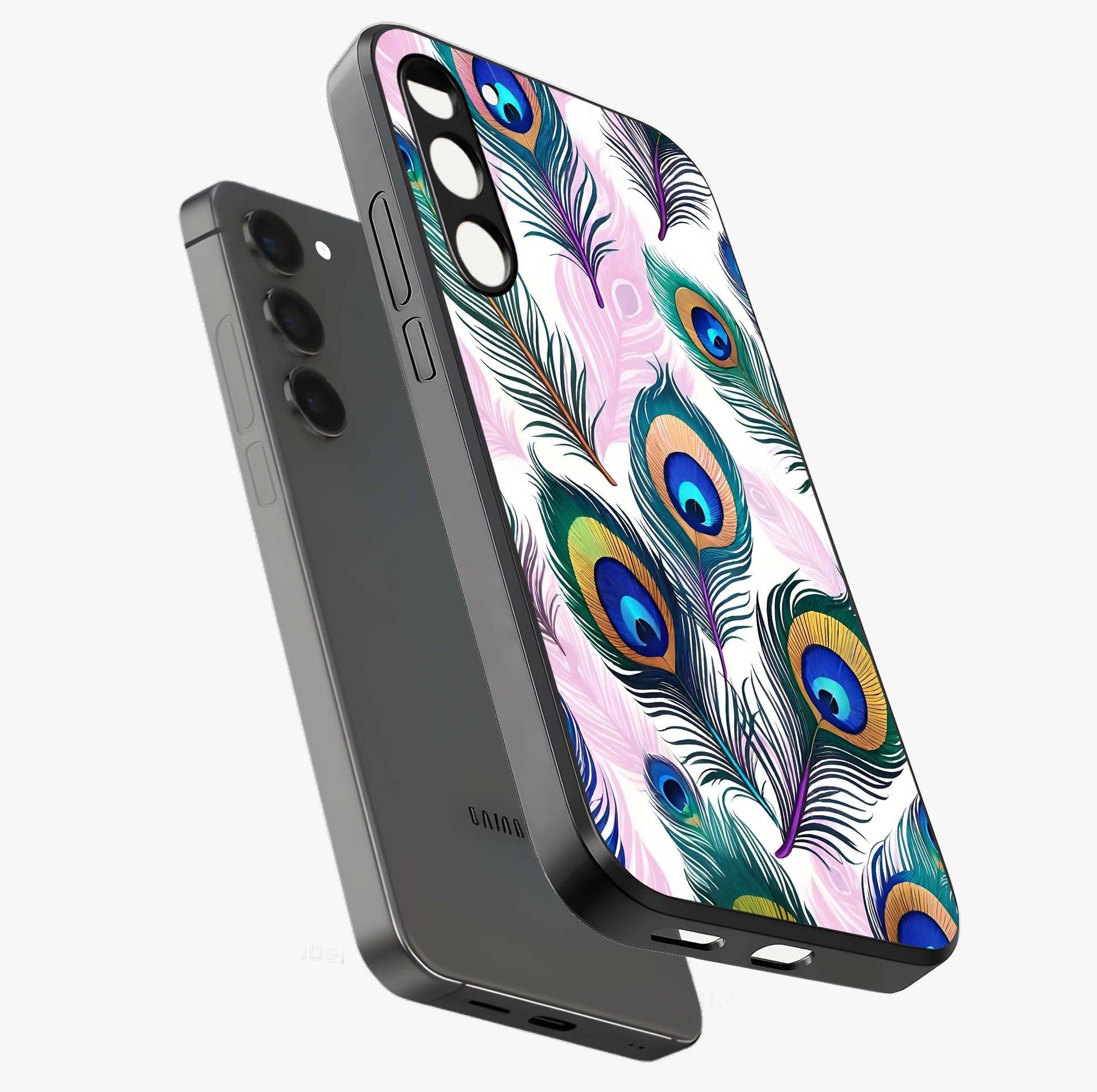 Royal Peacock Feathers Glass Case displayed in angled mockup highlighting vibrant feather pattern with regal aesthetic style.