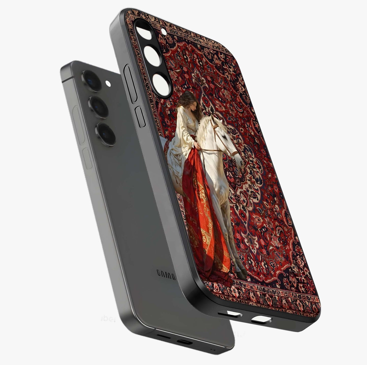 Royal Rider Tapestry Glass Case displayed in angled mockup highlighting traditional tapestry design with royal heritage aesthetic.