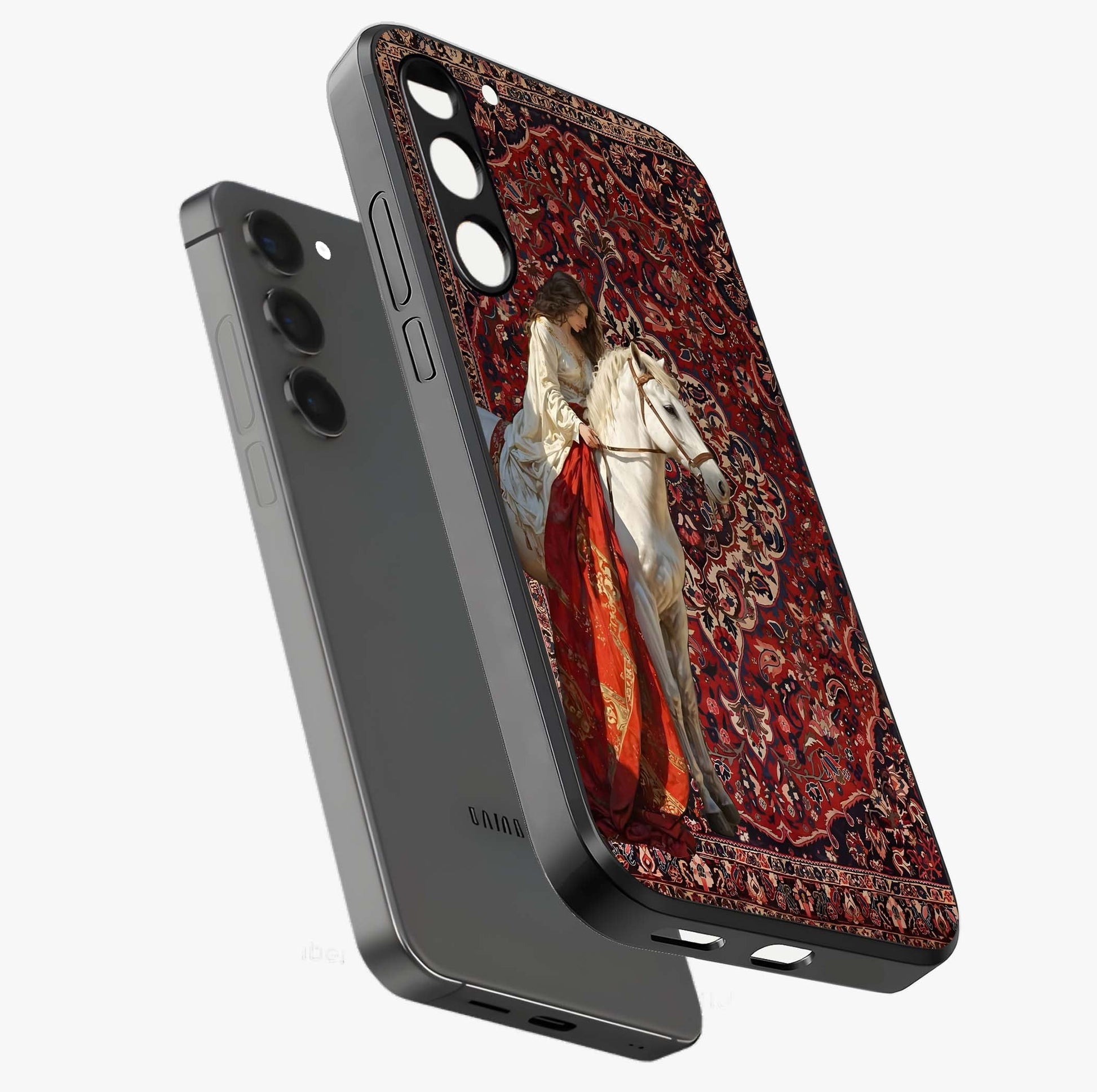 Royal Rider Tapestry Glass Case displayed in angled mockup highlighting traditional tapestry design with royal heritage aesthetic.