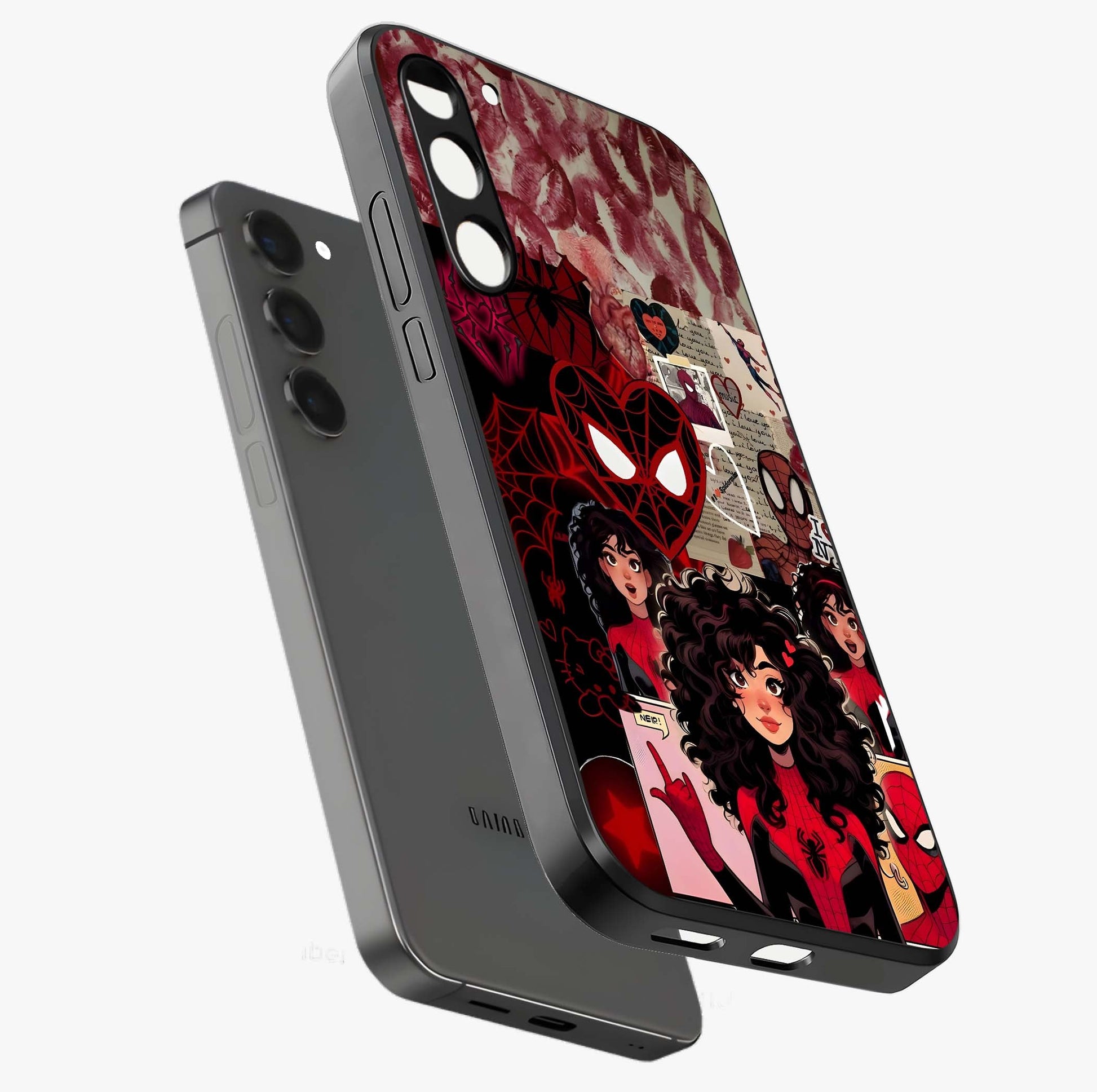Spider Love Story Glass Case displayed in angled mockup highlighting expressive comic inspired design with playful aesthetic.