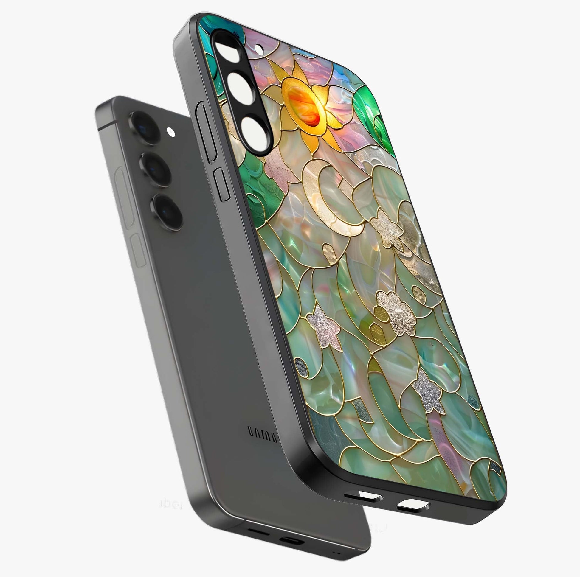 Stained Sunrise Glow Glass Case displayed in angled mockup highlighting radiant sunrise design with artistic aesthetic style.