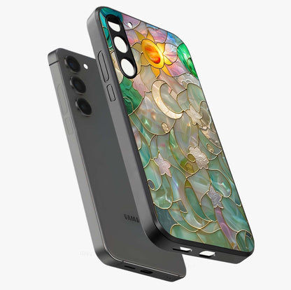 Stained Sunrise Glow Glass Case displayed in angled mockup highlighting radiant sunrise design with artistic aesthetic style.