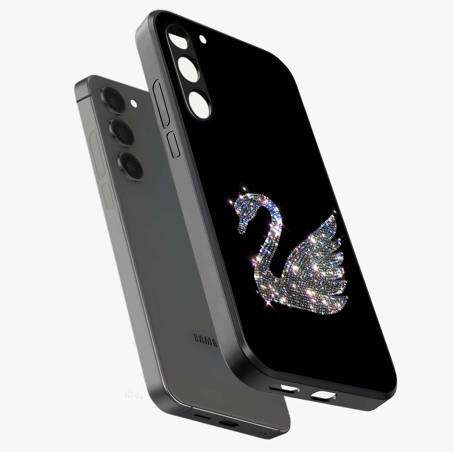 Starlit Swan Grace Glass Case displayed in angled mockup highlighting elegant swan illustration with dreamy celestial aesthetic.