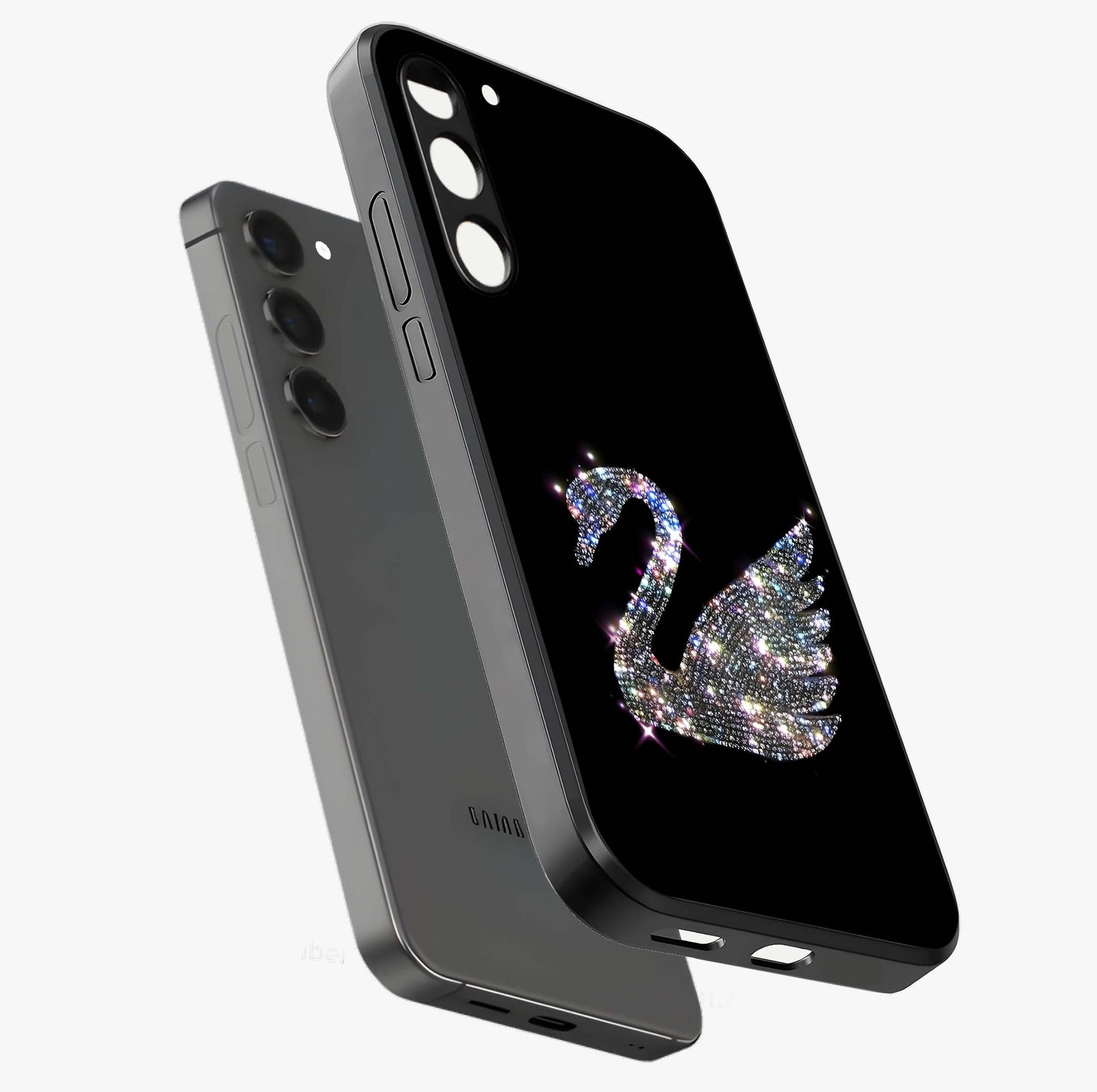 Starlit Swan Grace Glass Case displayed in angled mockup highlighting elegant swan illustration with dreamy celestial aesthetic.