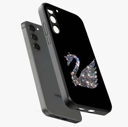 Starlit Swan Grace Glass Case displayed in angled mockup highlighting elegant swan illustration with dreamy celestial aesthetic.