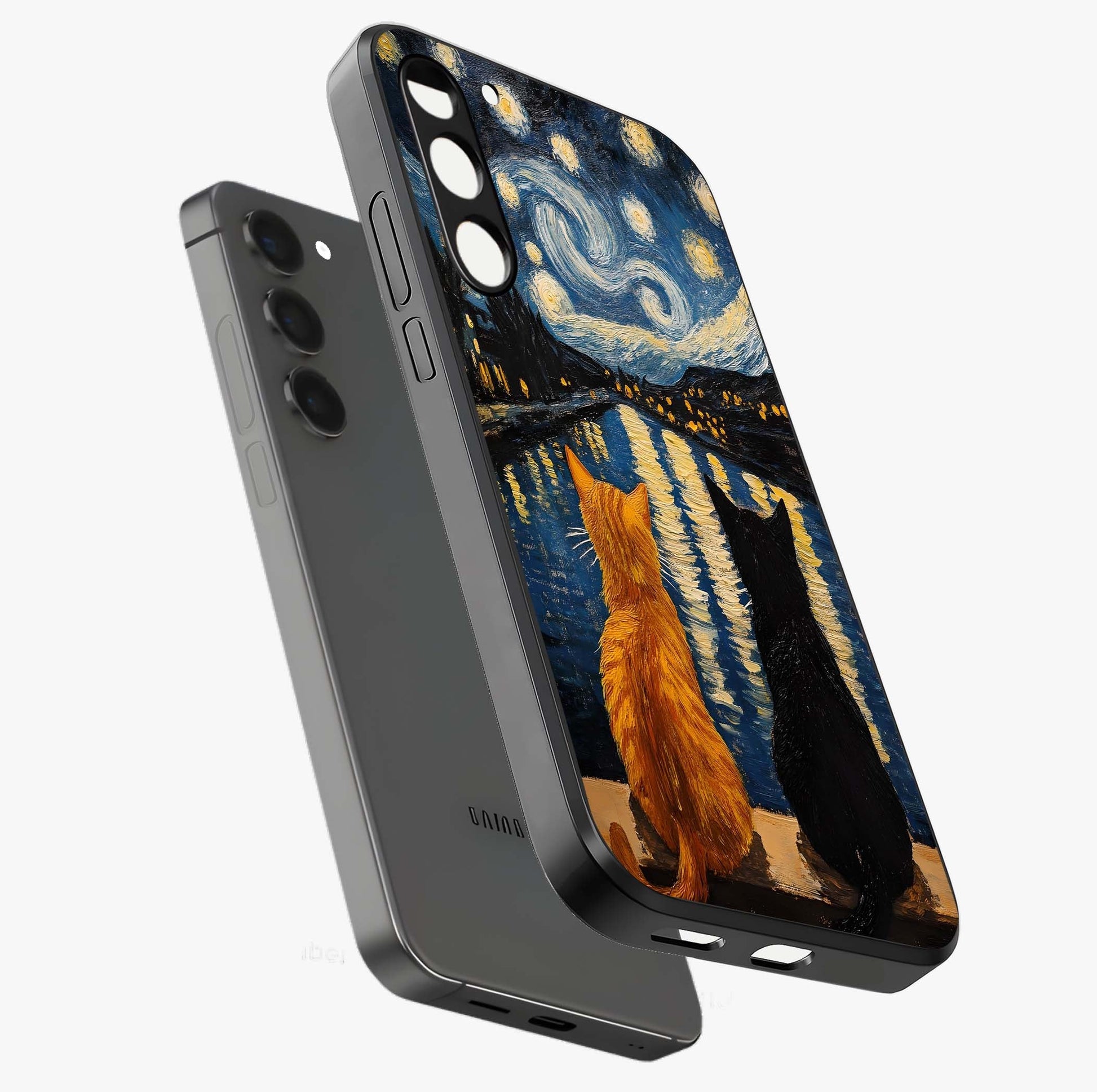 Starry River Cats Glass Case displayed in angled mockup highlighting charming feline illustration with dreamy night aesthetic.