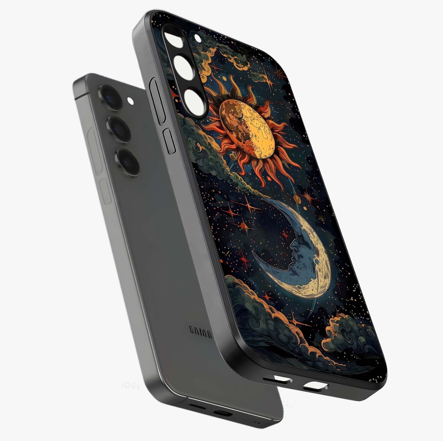 Sun And Moon Magic Design Glass Case displayed in angled mockup highlighting celestial design with magical cosmic aesthetic.